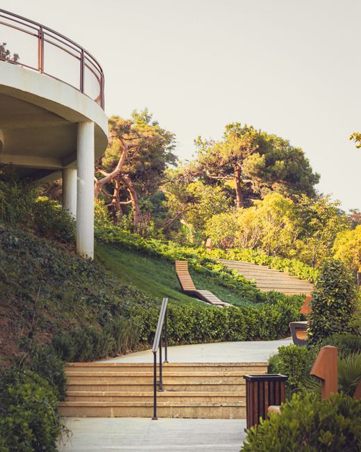 A landscaped garden features a series of wide, light-colored stone steps leading up through lush greenery, including neatly trimmed hedges and small bushes. To the right of the steps, there's a wooden